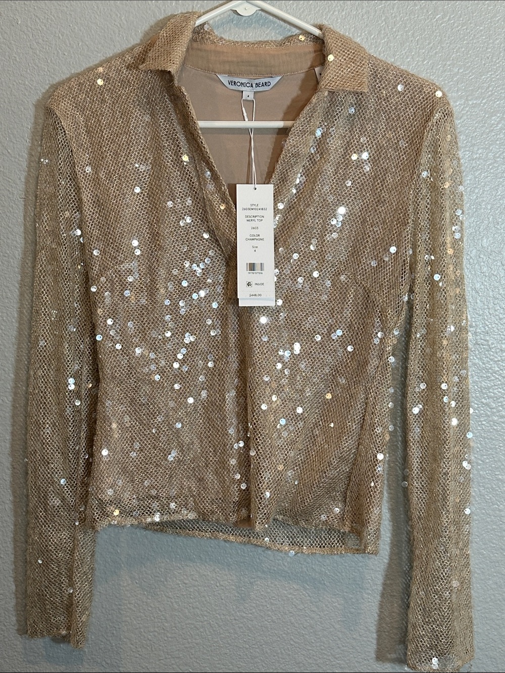 NWT Veronica Beard Meryl Sequin Blouse Champagne Size 4 $448